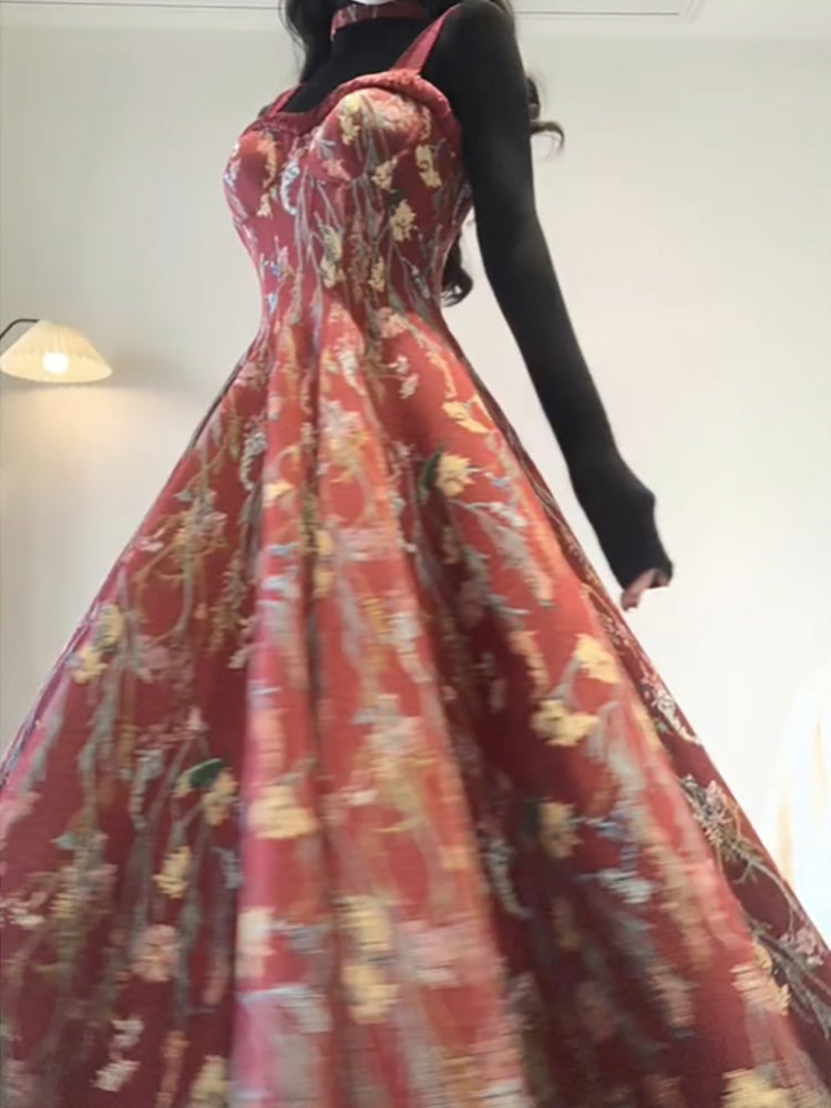 Vintage A line Spaghetti Straps Red Floral Long Birthday Dresses Prom Dress Birthday Outfits - View 4 | VelvetHem