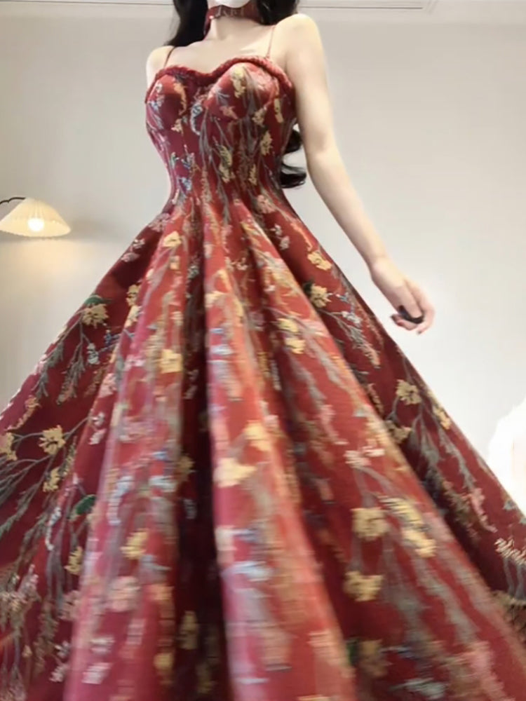 Vintage A line Spaghetti Straps Red Floral Long Birthday Dresses Prom Dress Birthday Outfits