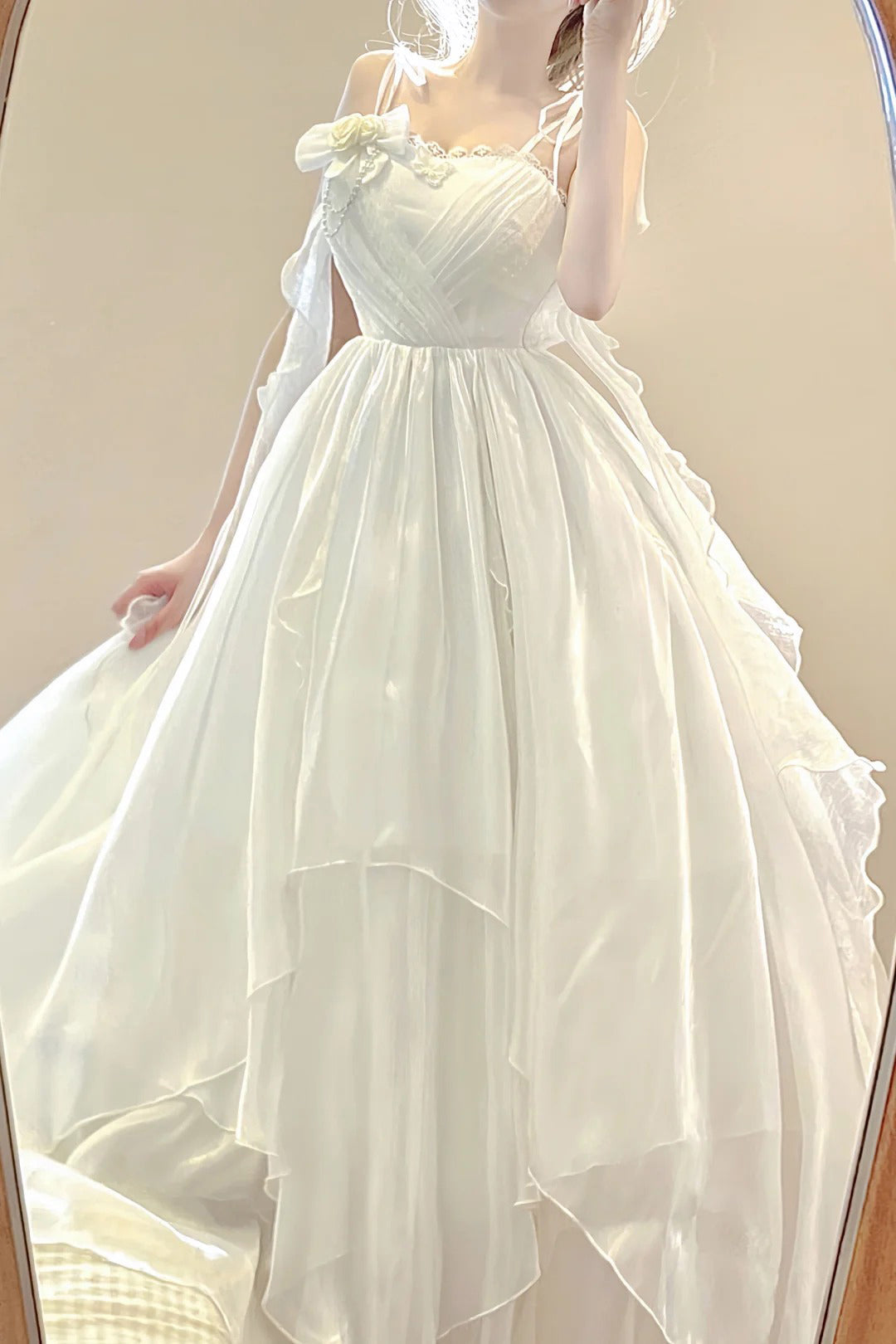 Vintage A line Spaghetti Straps White Floral Long Birthday Dresses Prom Dress Chiffon Birthday Outfits - View 4 | VelvetHem