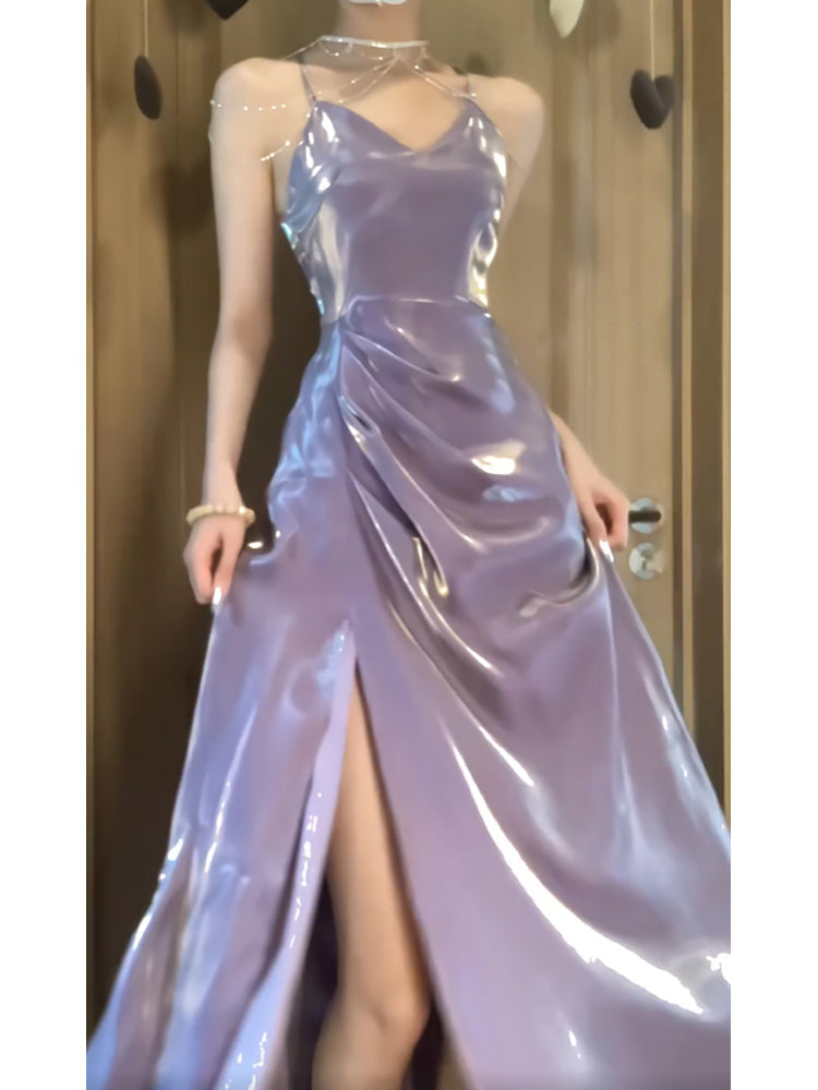 Sexy A line Spaghetti Straps Grape Women's Beach Dress Slit Vacation Dresses Birthday Dress