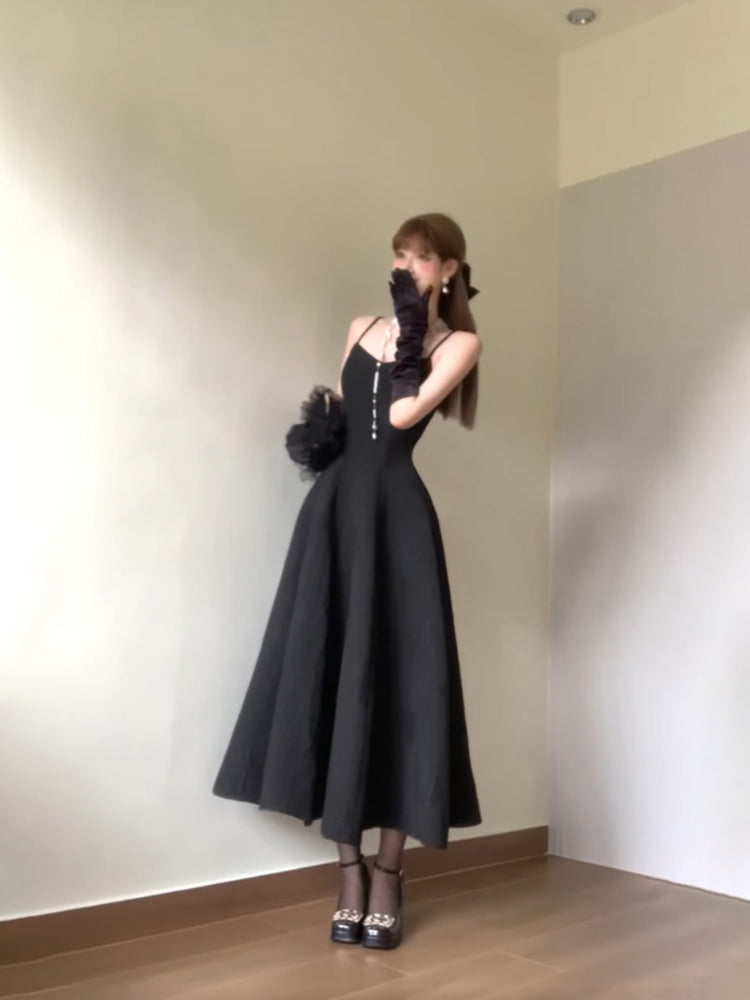 Sexy A line Spaghetti Straps Black Satin Women's Beach Dress Vacation Dresses Birthday Dress