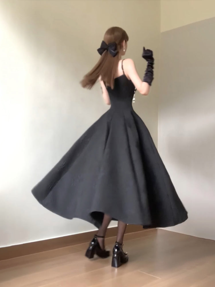 Sexy A line Spaghetti Straps Black Satin Women's Beach Dress Vacation Dresses Birthday Dress - View 3 | VelvetHem