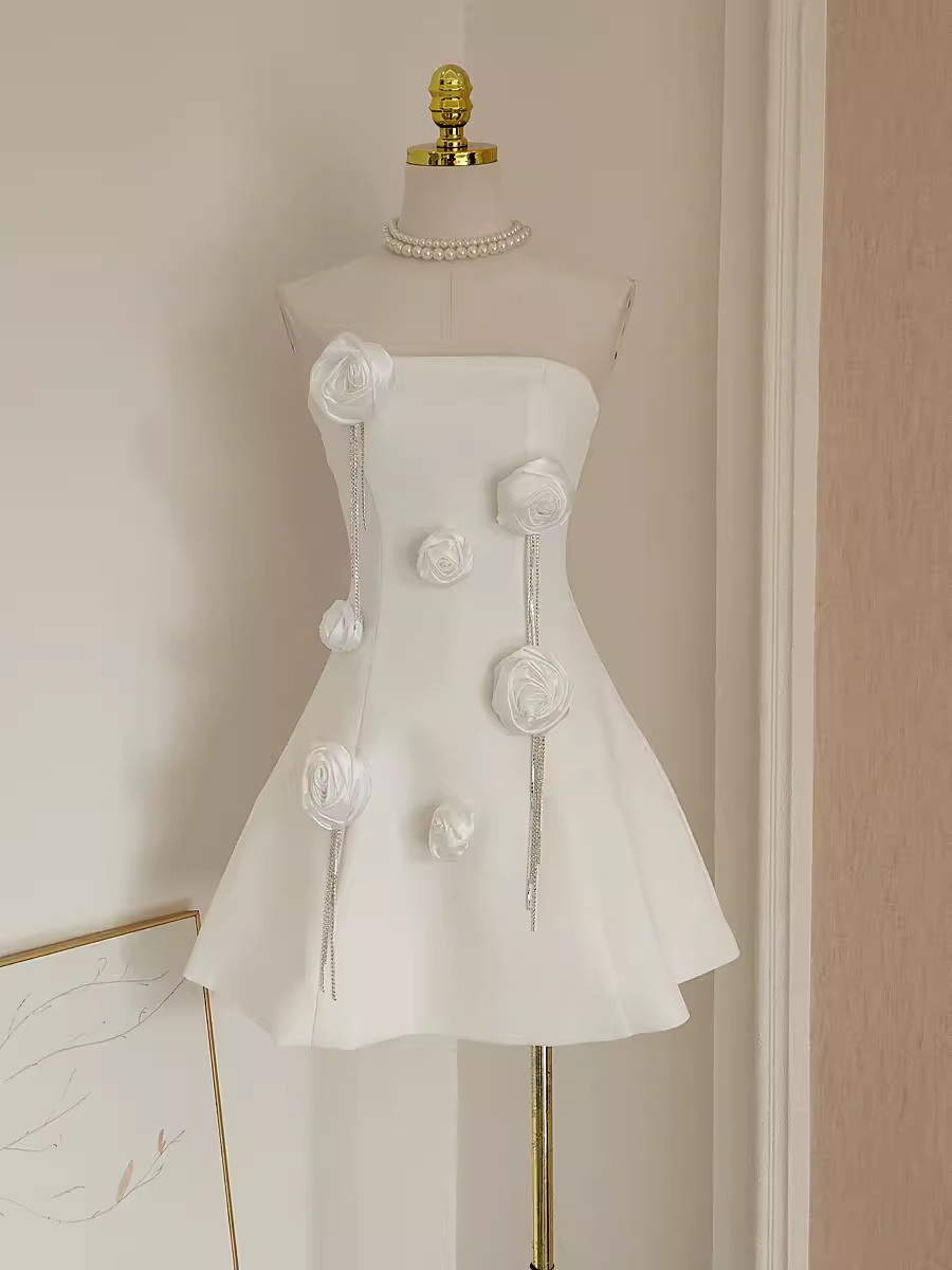 Cute A line Strapless Satin White Flowers Vacation Dress Women Short Dresses - VelvetHem