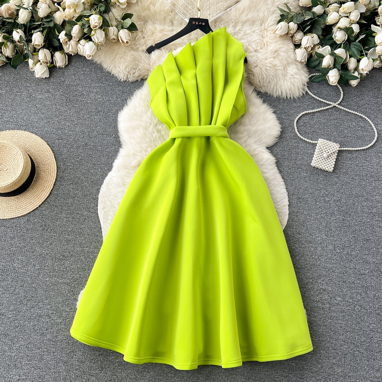 Simple A line One Shoulder Ruffles Bud Green Holiday Dresses Midi Length Women's Dress