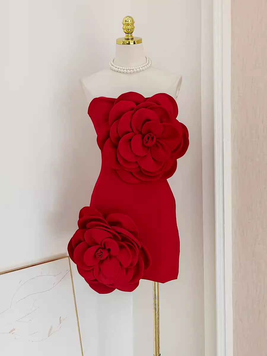 Simple Sheath Strapless Red Satin Travel Vacation Dress Short Birthday Dress - VelvetHem