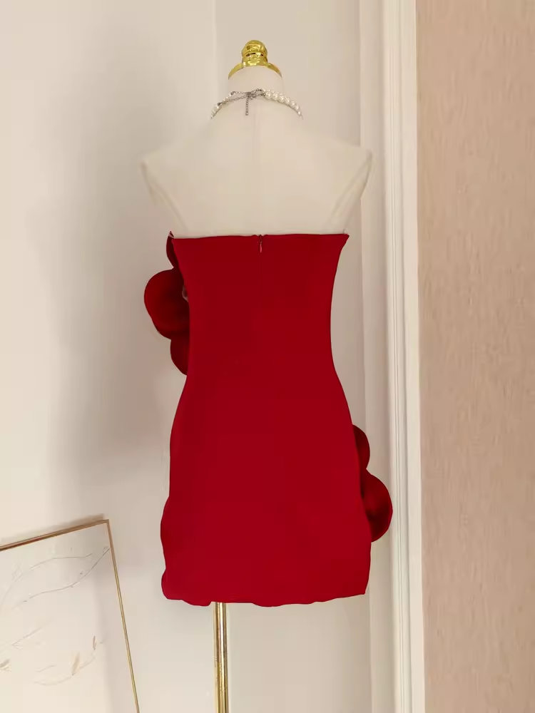 Simple Sheath Strapless Red Satin Travel Vacation Dress Short Birthday Dress - View 5 | VelvetHem