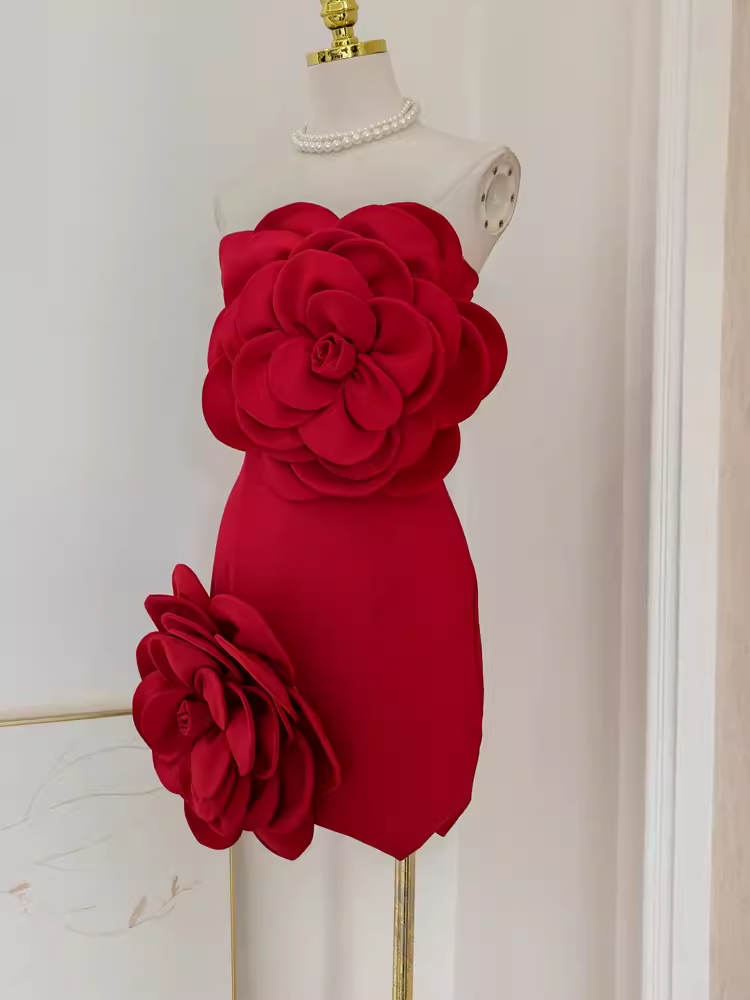Simple Sheath Strapless Red Satin Travel Vacation Dress Short Birthday Dress - View 2 | VelvetHem
