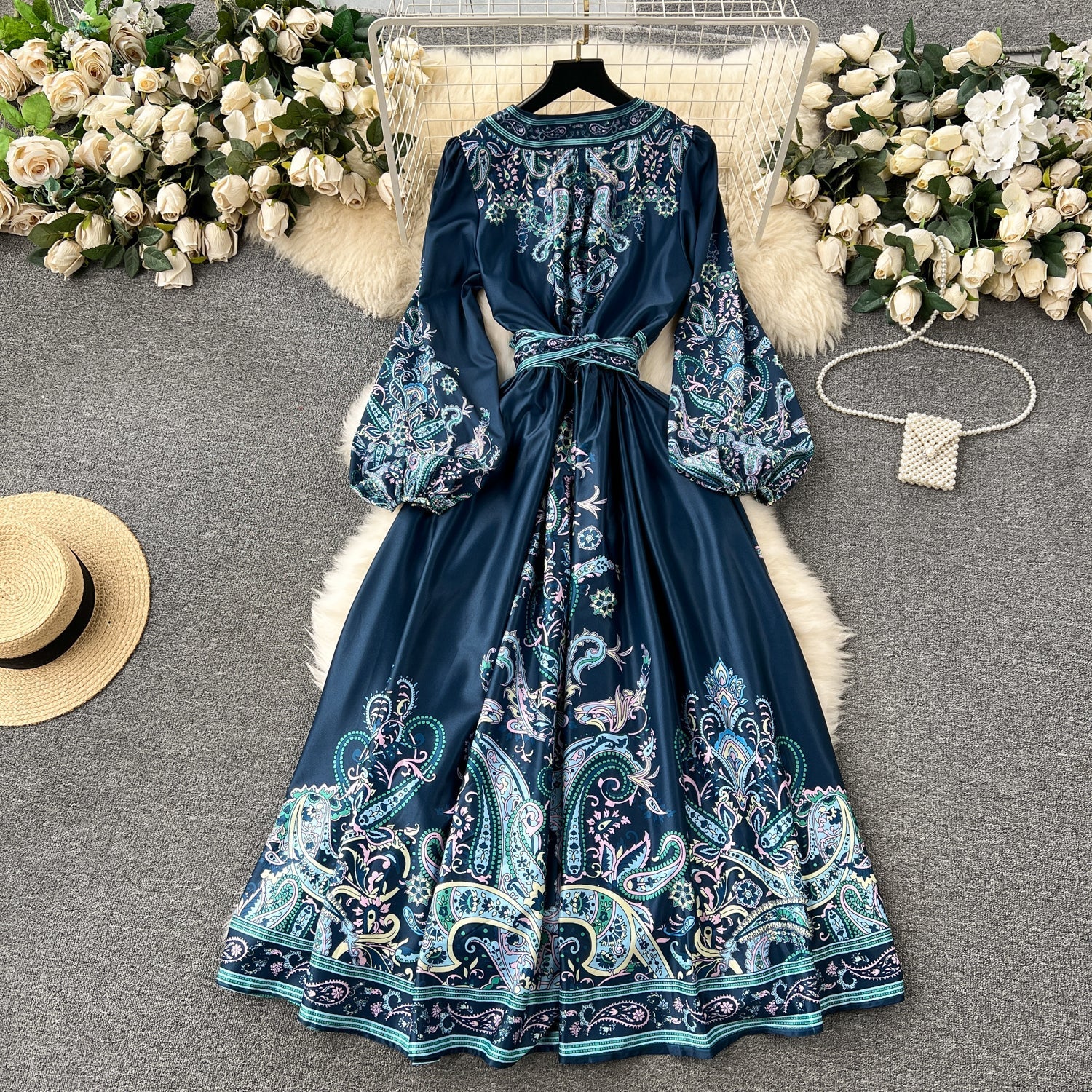 Chic A line Long Sleeves Blue Floral Holiday Dresses Autumn Women's Dress