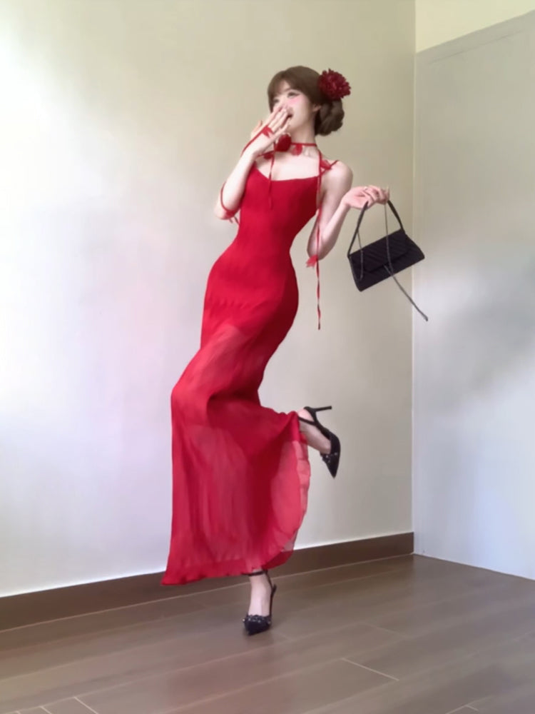 Vintage Sheath Spaghetti Straps Red Holiday Dress Birthday Dresses Birthday Outfits - View 2 | VelvetHem