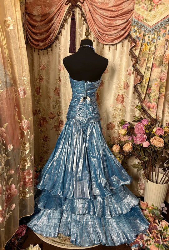 Vintage Mermaid Strapless Blue Satin Prom Dresses Long Evening Gown Formal Party Dress - View 2 | VelvetHem