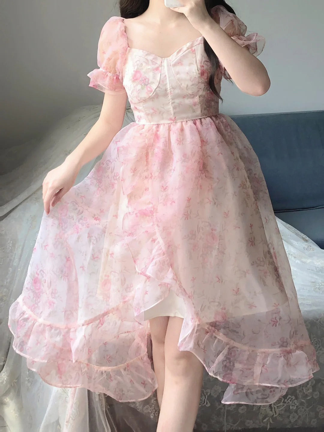 Vintage High Low Square Neckline Floral Holiday Dress Birthday Dresses Birthday Outfits - VelvetHem