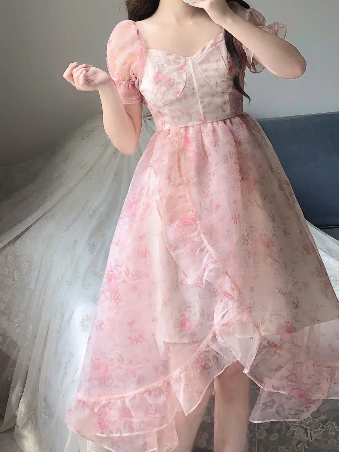 Vintage High Low Square Neckline Floral Holiday Dress Birthday Dresses Birthday Outfits - View 2 | VelvetHem