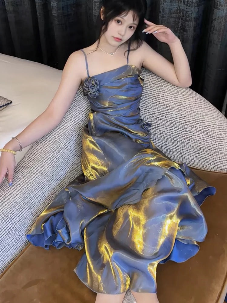 Mermaid Spaghetti Straps Prom Dresses Gray Blue Party Dress