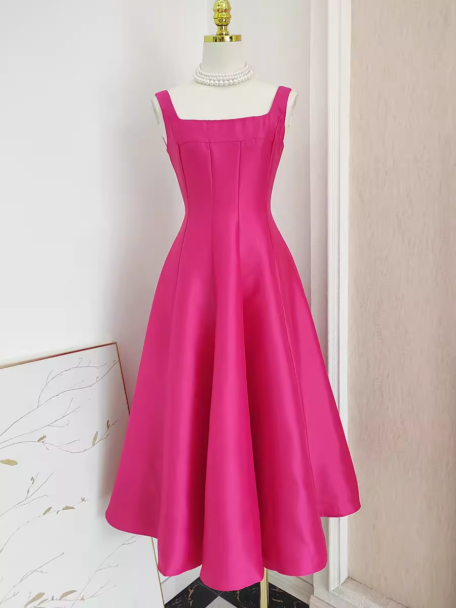 Cute A line Straps Hot Pink Vacation Dress Satin Women Summer Dresses - VelvetHem