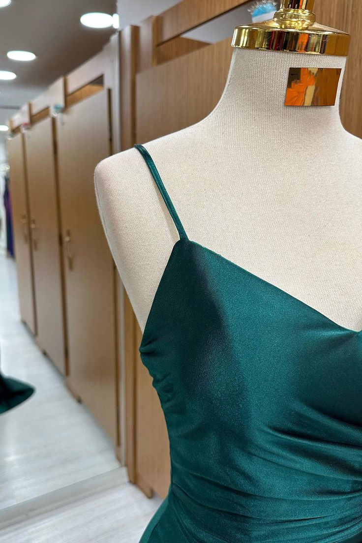 Sexy Mermaid Spaghetti Straps Green Satin Prom Dresses Long Party Dress - View 2 | VelvetHem
