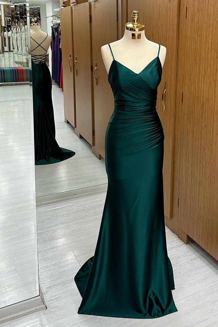 Sexy Mermaid Spaghetti Straps Green Satin Prom Dresses Long Party Dress