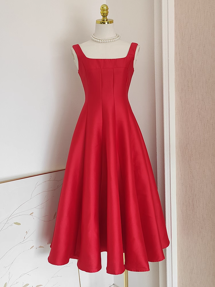 Cute A line Straps Red Vacation Dress Satin Women Summer Dresses - VelvetHem