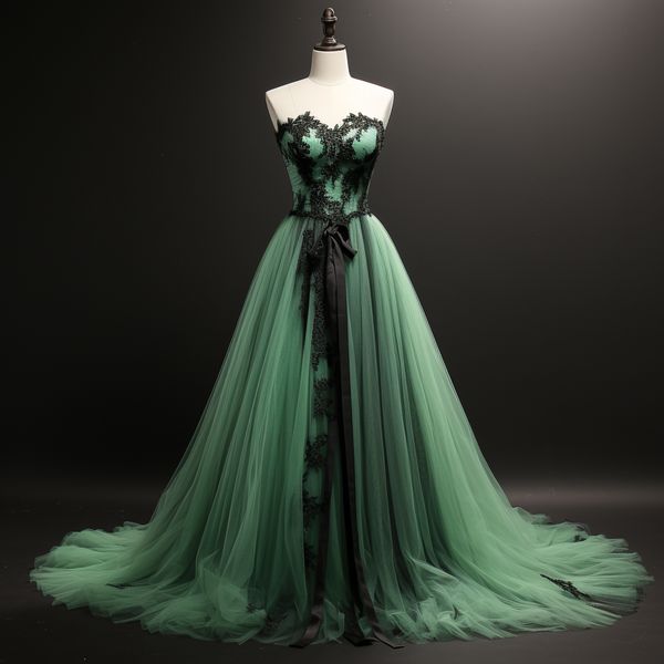 Green Tulle and Black Lace Edge Applique Full Length Lace Up Back Evening Dress Birthday Prom Dresses