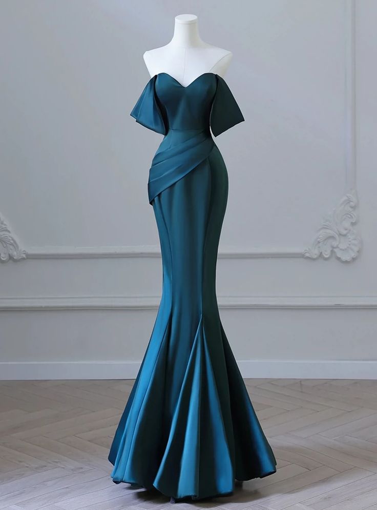 Sexy Mermaid Green Satin Off the Shoulder Pleats Prom Dress Prom Dresses