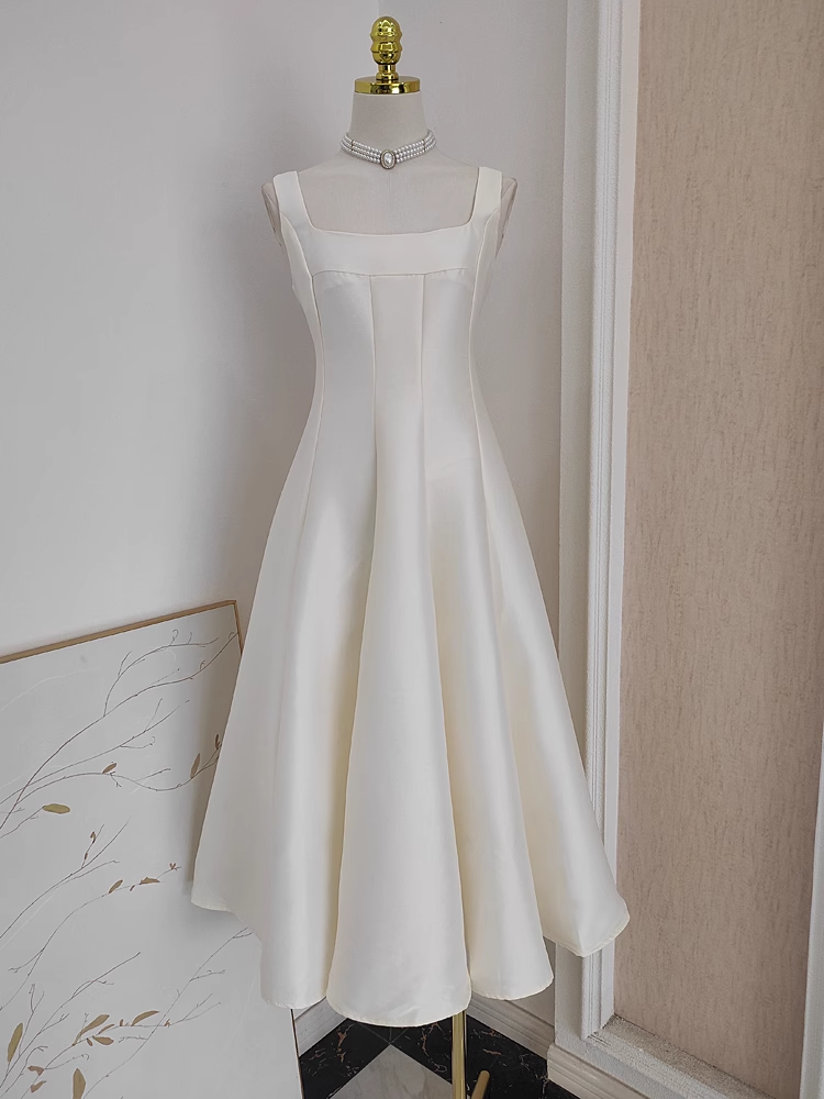 Cute A line Straps White Vacation Dress Satin Women Summer Dresses - VelvetHem