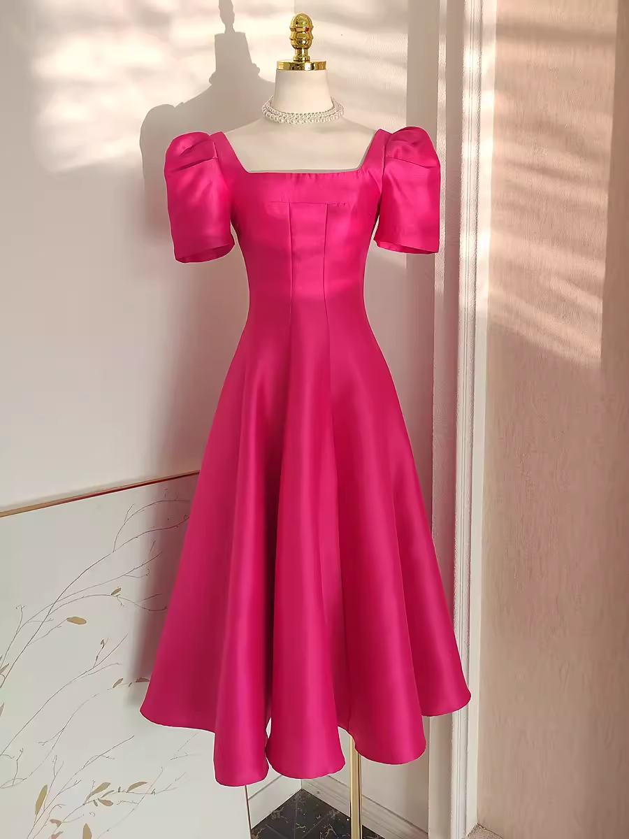 Cute A line Square Neckline Hot Pink Vacation Dress Satin Women Dresses - VelvetHem