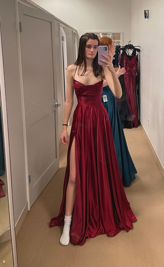 Retro A Line Spaghetti Straps Satin Burgundy Party Dress Prom Dresses