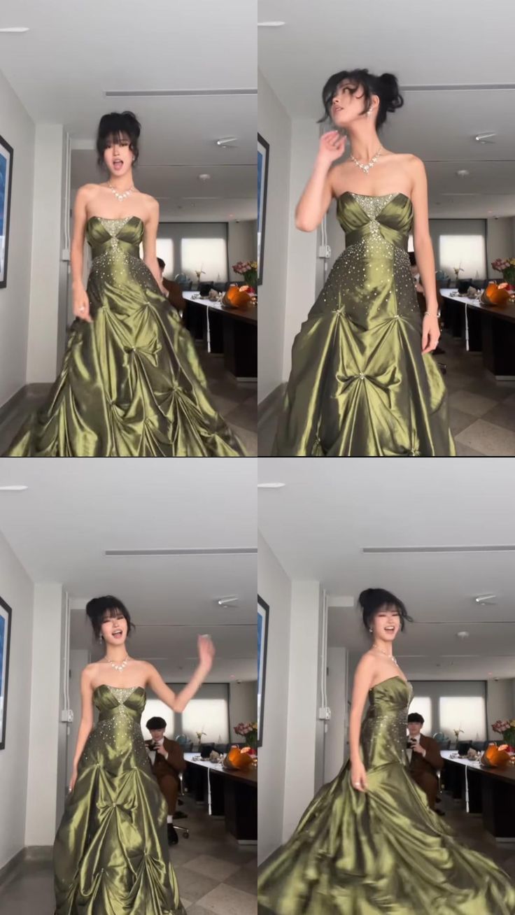 Pretty Ball Gown Strapless Satin Olive Green Long Ruffles Prom Dresses Formal Evening Dress - View 6 | VelvetHem