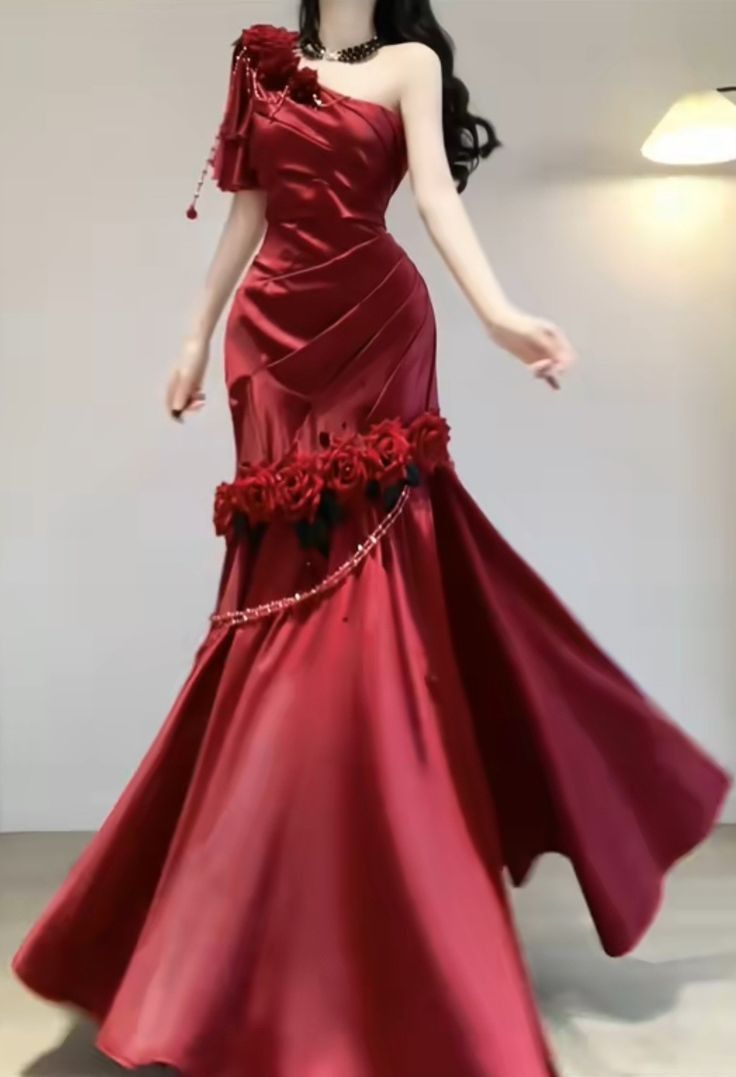 Retro Mermaid One Shoulder Burgundy Ruffles Satin Long Party Dress Prom Dresses