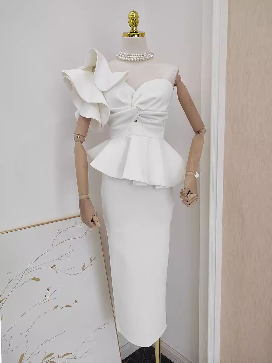 Chic Sheath One Shoulder Satin Vacation Dress White Women Dresses - VelvetHem