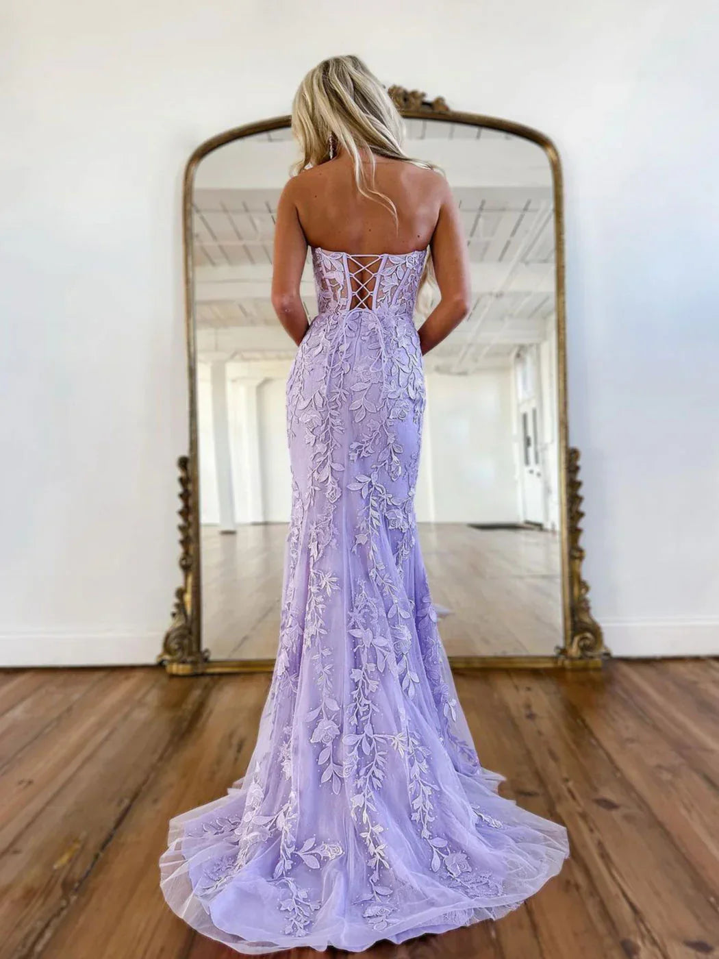 Elegant Mermaid Sleeveless Lace Lilac Evening Prom Dresses Long Prom Dresses - View 6 | VelvetHem