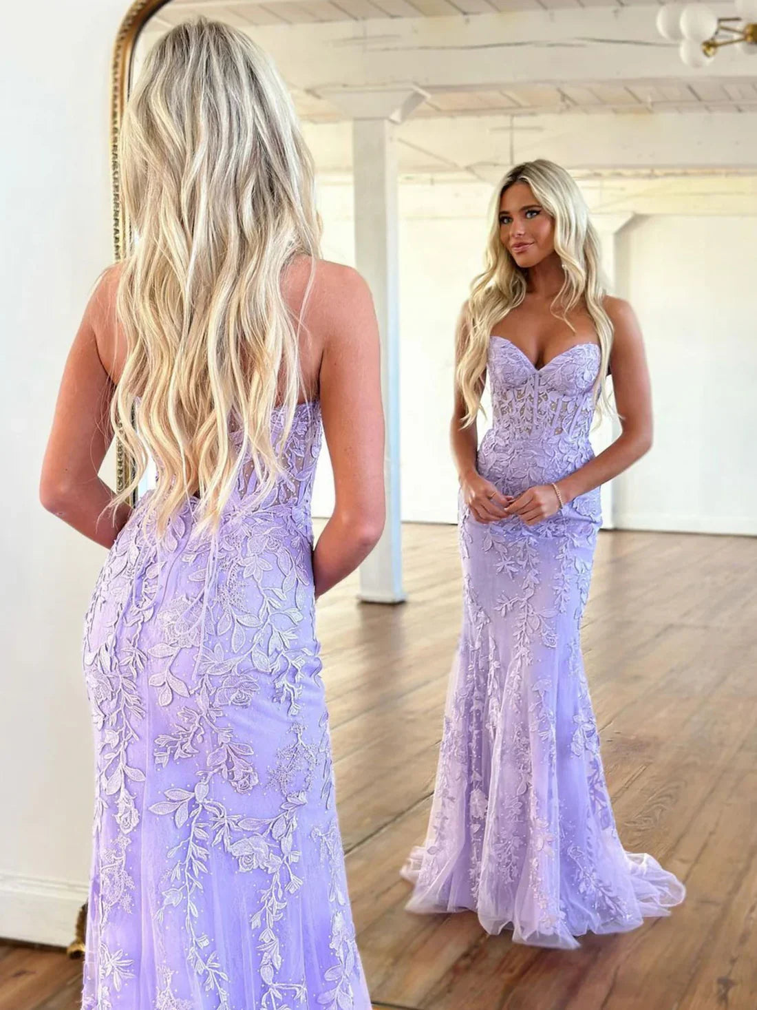 Elegant Mermaid Sleeveless Lace Lilac Evening Prom Dresses Long Prom Dresses - View 4 | VelvetHem
