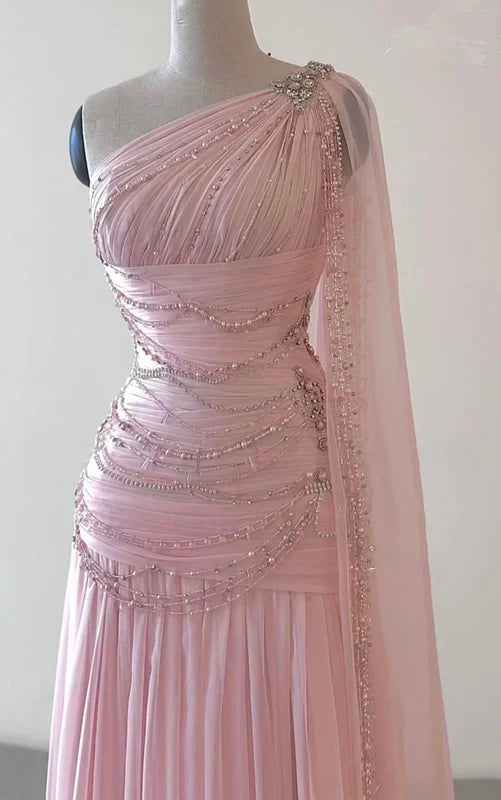 Vintage One Shoulder Pink Beaded A Line Chiffon Evening Dress Elegant Prom Dress