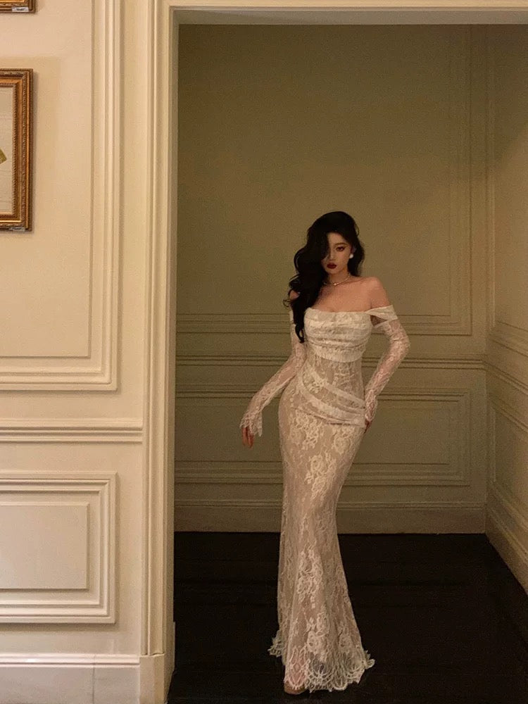 Classy Sheath Off The Shoulder White Long Sleeves Prom Dresses