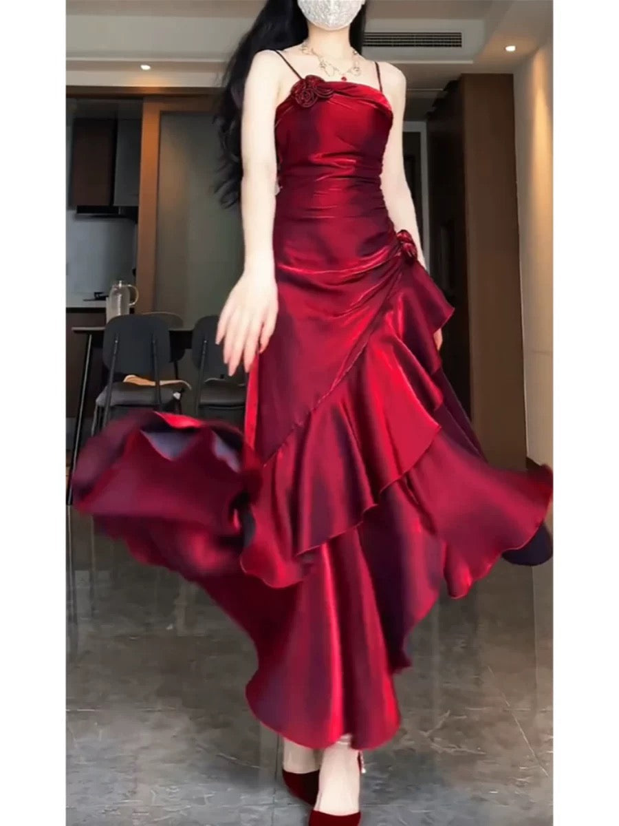 Simple Mermaid Spaghetti Straps Burgundy Party Dress Long Prom Dresses