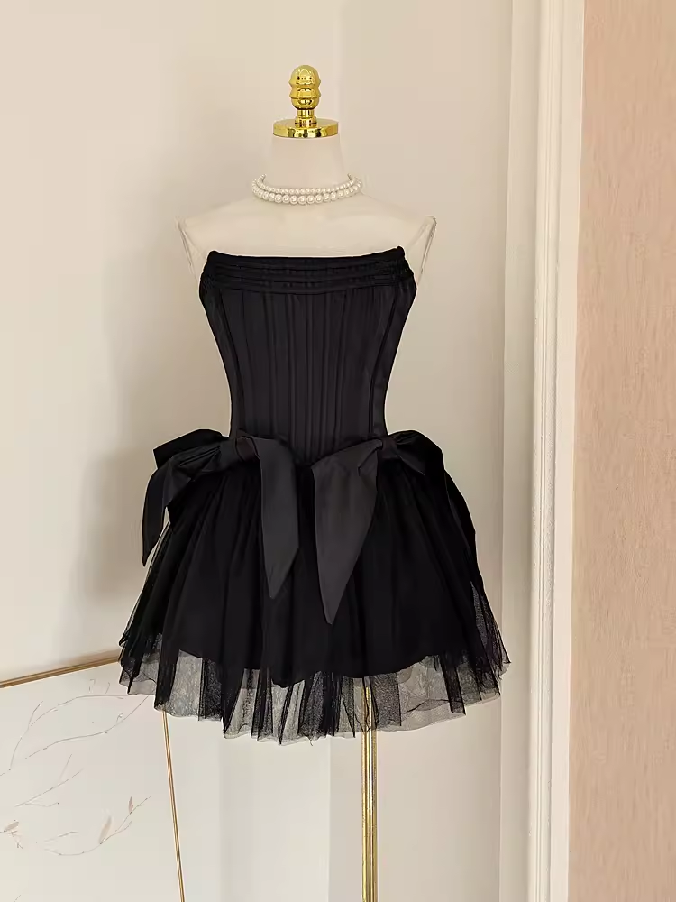 Cute A line Strapless Black Travel Vacation Dresses Short Satin Birthday Dress - VelvetHem