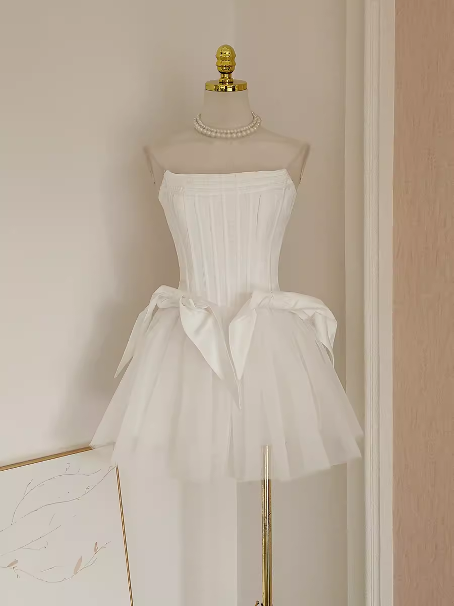Cute A line Strapless White Travel Vacation Dresses Short Satin Birthday Dress - VelvetHem