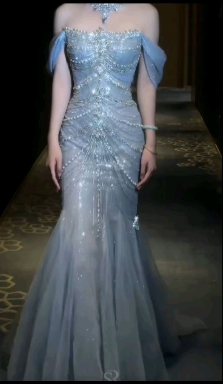 Pretty Mermaid Off The Shoulder Blue Tulle Silver Beads Long Prom Dresses Formal Evening Dress