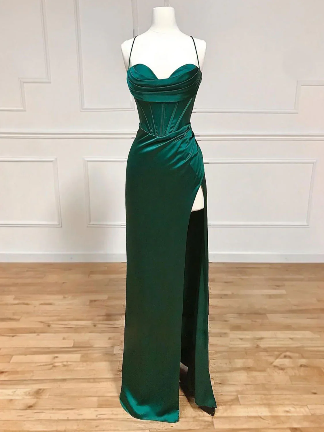 Classy Sheath Spaghetti Straps Red Satin Sleeveless Long Backless Prom Dresses