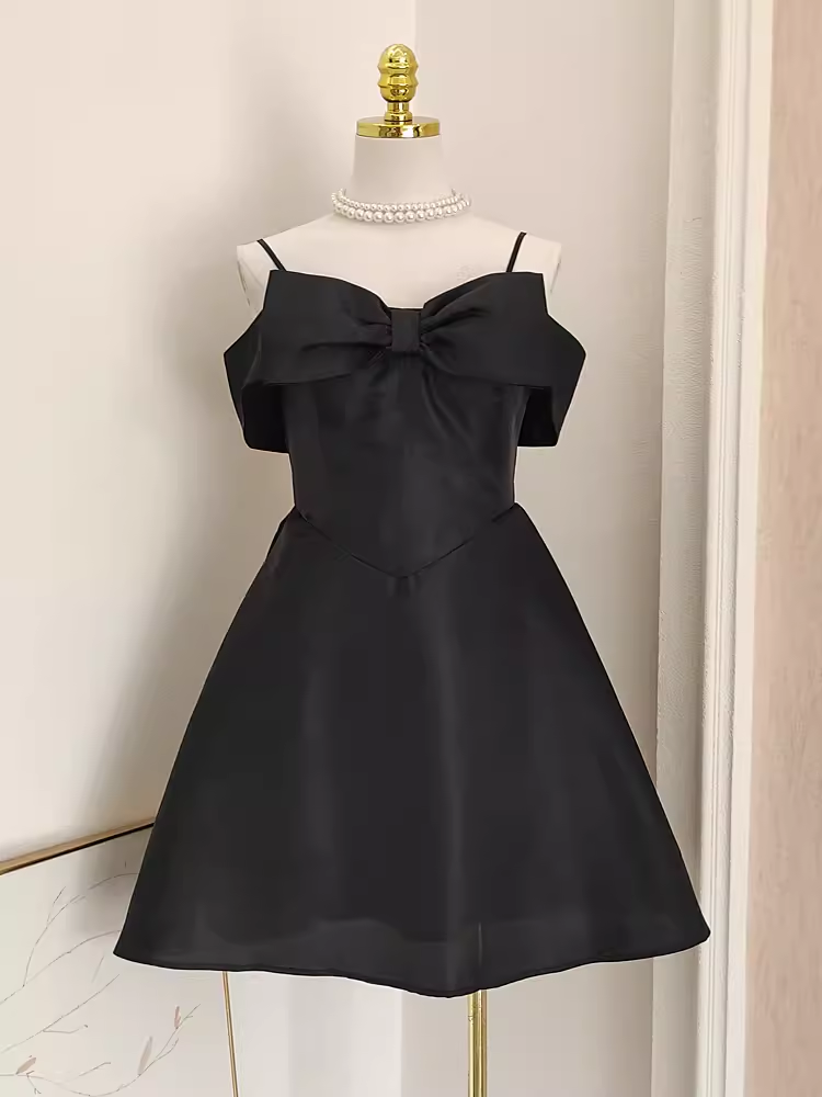Cute A line Straps Black Travel Vacation Dresses Short Satin Birthday Dress - VelvetHem