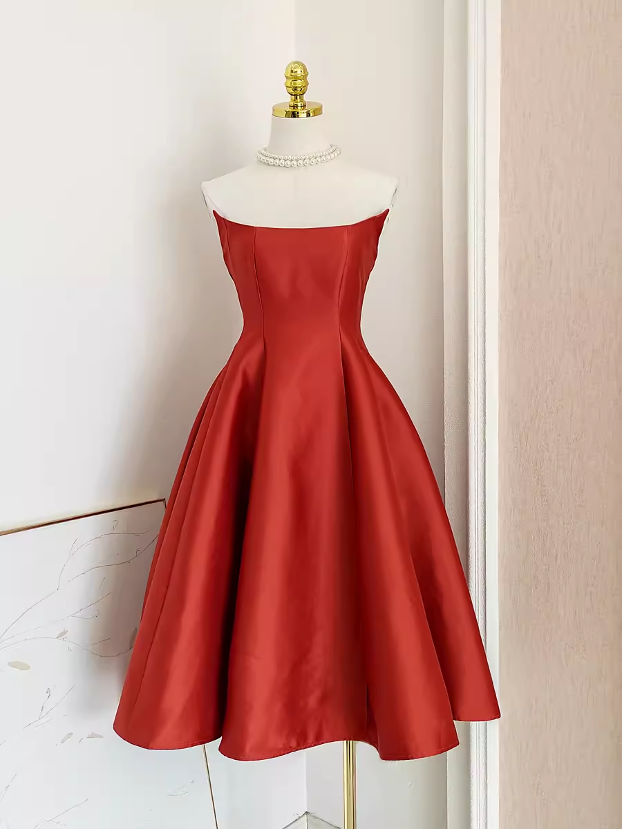 Cute A line Strapless Rust Red Vacation Dress Satin Women Dresses - VelvetHem