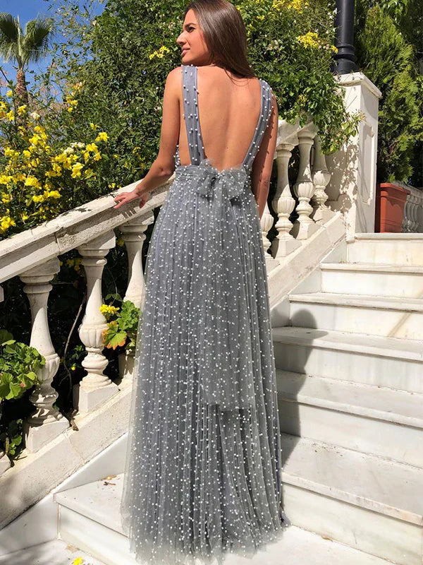 Unique V-neck Sleeveless A-line Satin Evening Prom Dresses