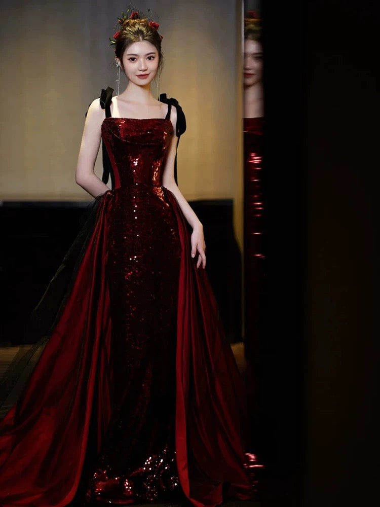 Sexy Mermaid Spaghetti Straps Burgundy Floor Length Evening Dress Prom Dresses