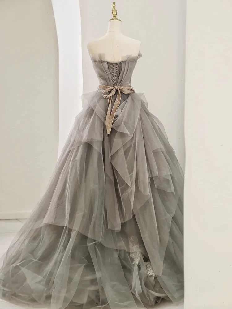 Modest Ball Gown Sweetheart Tulle Floor Length Evening Dress Gray Prom Dresses - View 4 | VelvetHem