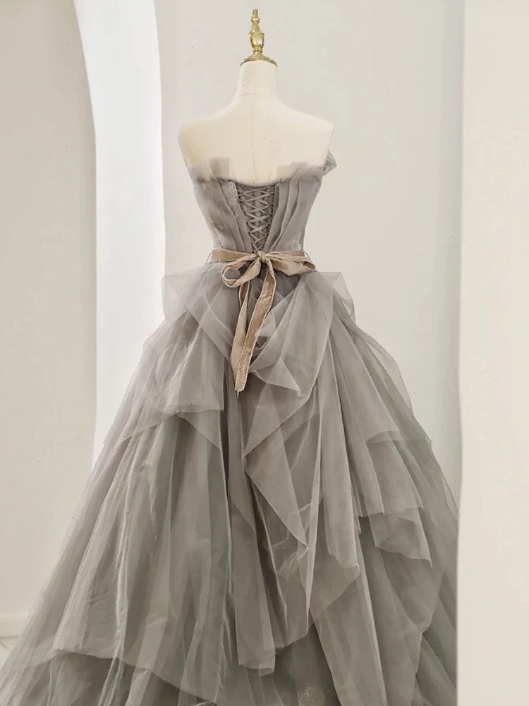 Modest Ball Gown Sweetheart Tulle Floor Length Evening Dress Gray Prom Dresses - View 3 | VelvetHem