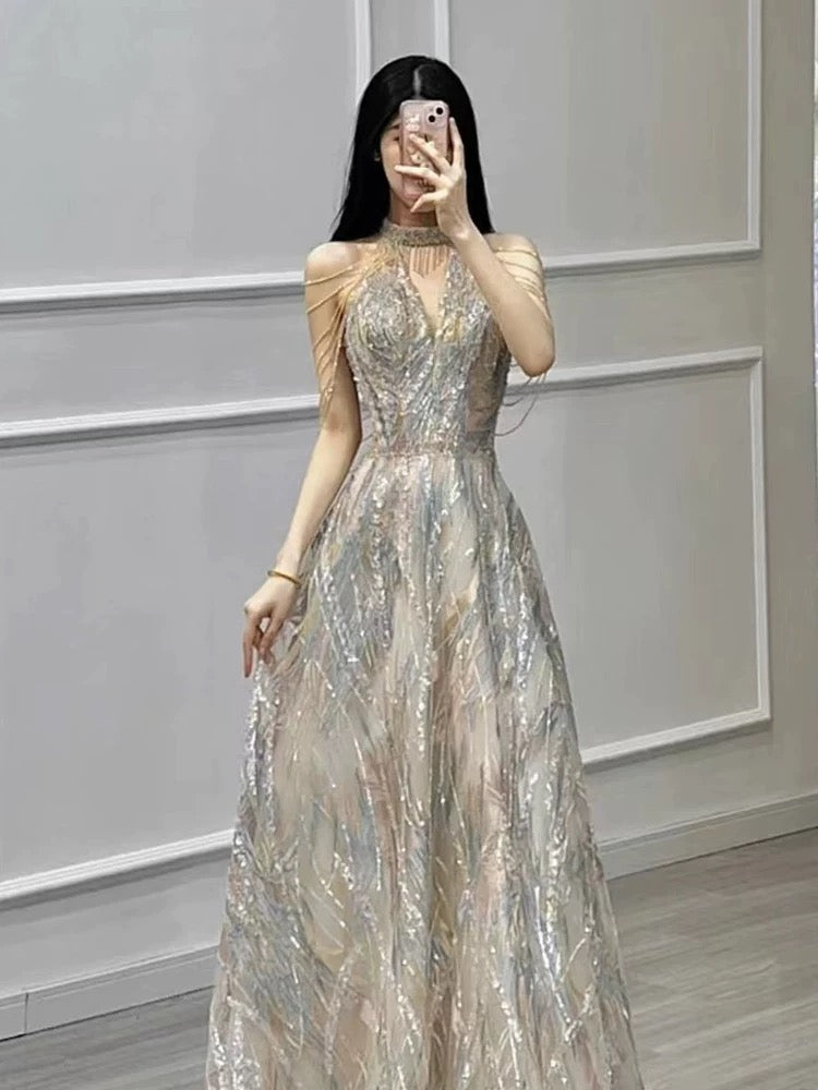 Sexy A Line High Neckline Sequin Long Evening Dress Prom Dresses