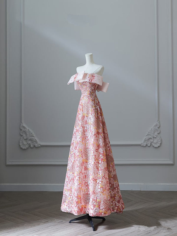 Pretty A Line Off The Shoulder Sequin Pink Floor Length Evening Dress Prom Dresses - View 2 | VelvetHem