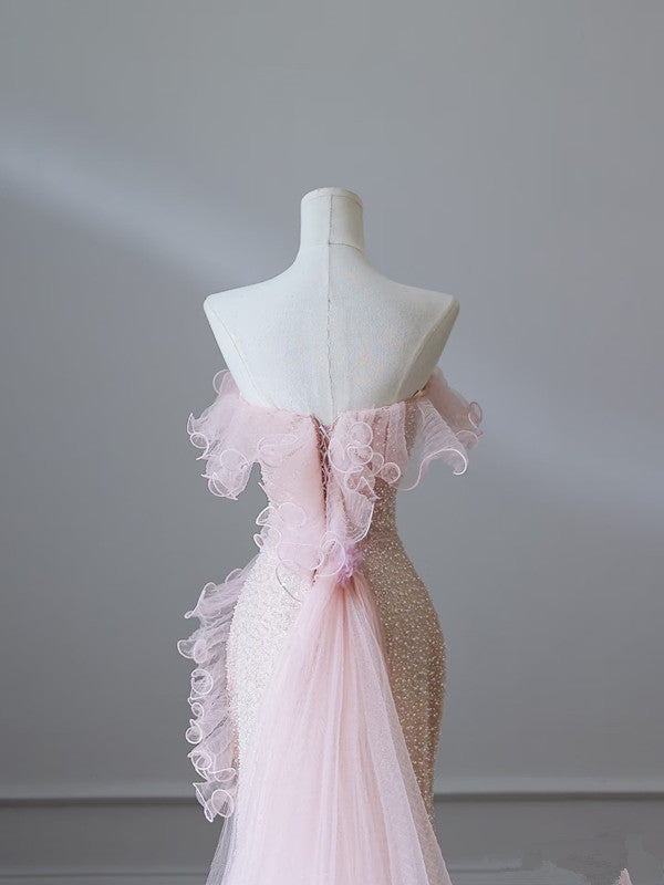 Modest Mermaid Strapless Pink Tulle Flowers Evening Dress Long Prom Dresses