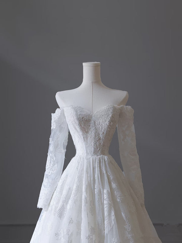 Princess A line Off The Shoulder White Lace Long Wedding Dresses Brides Dress