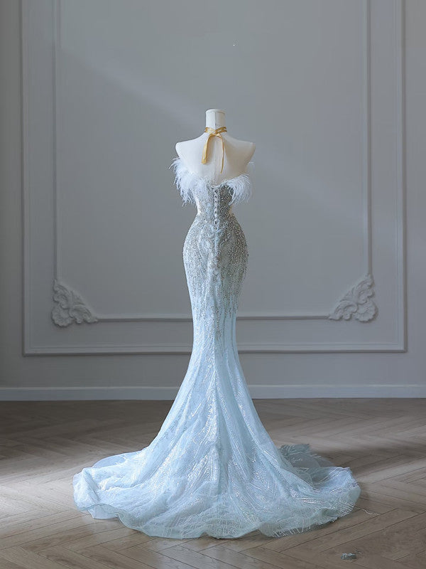 Princess Mermaid Strapless Neckline Long Sequin Light Sky Blue Long Wedding Dresses Brides Dress - View 3 | VelvetHem