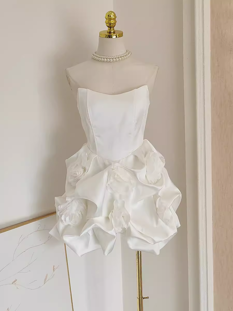 Cute A line Sweetheart White Satin Holiday Dresses Short Birthday Dress Pleated Three-dimensional Flowers - VelvetHem